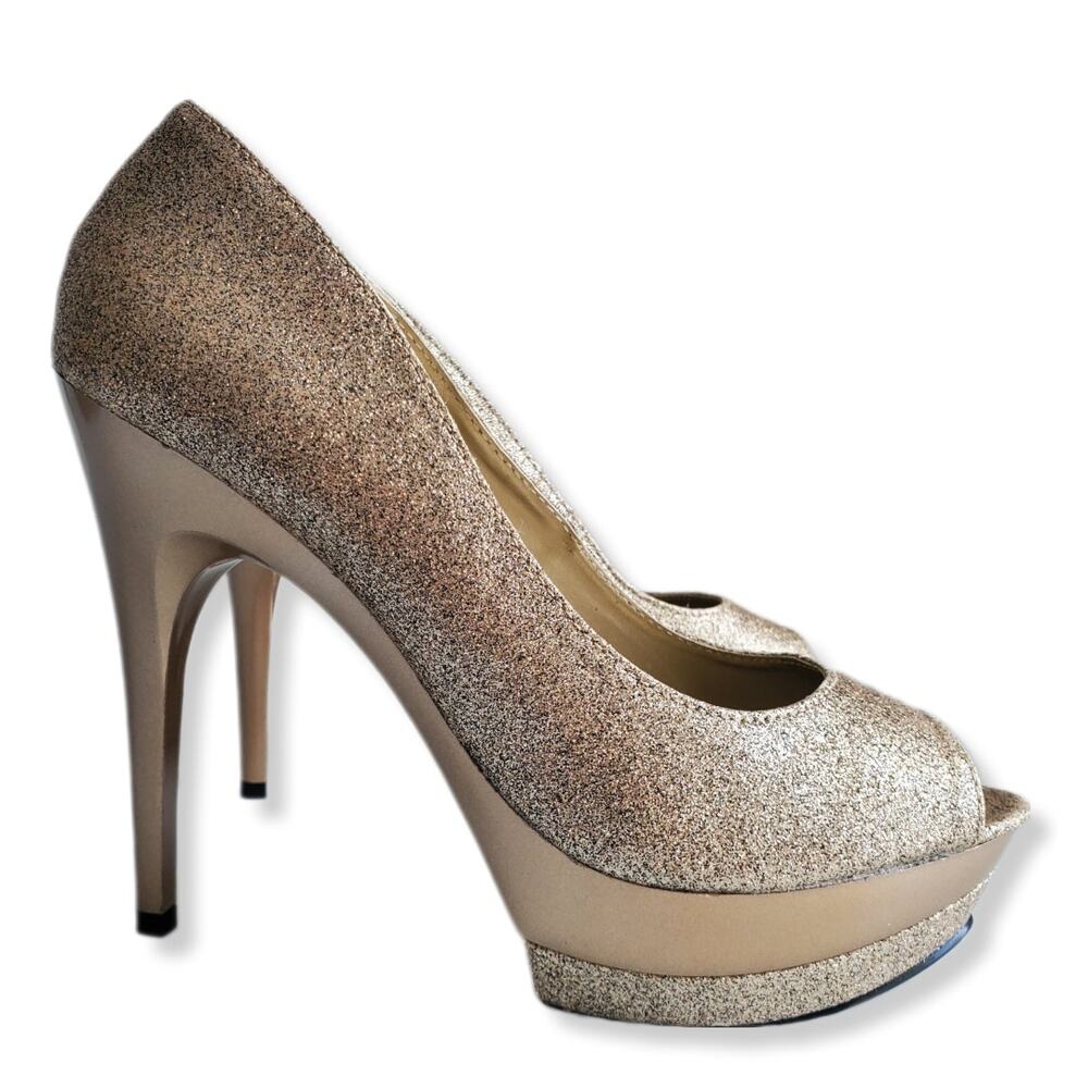 Women Gold Glitter Platform Peeptoe Heel Shoe 11 NYE Cocktail Club Wedding Prom - Picture 6 of 15